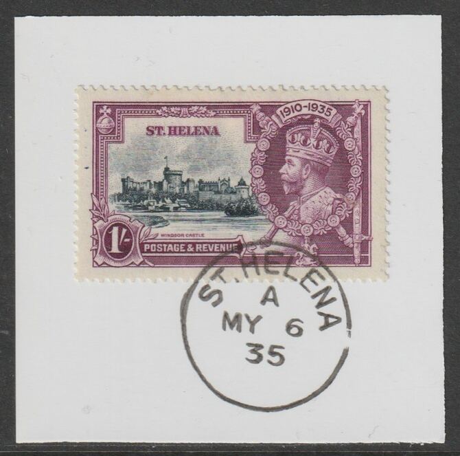 St Helena 1935 KG5 Silver Jubilee 1s on piece with full strike of Madame Joseph forged postmark type 342, stamps on , stamps on  stamps on , stamps on  stamps on  kg5 , stamps on  stamps on silver jubilee, stamps on  stamps on castles, stamps on  stamps on forgery, stamps on  stamps on forgeries