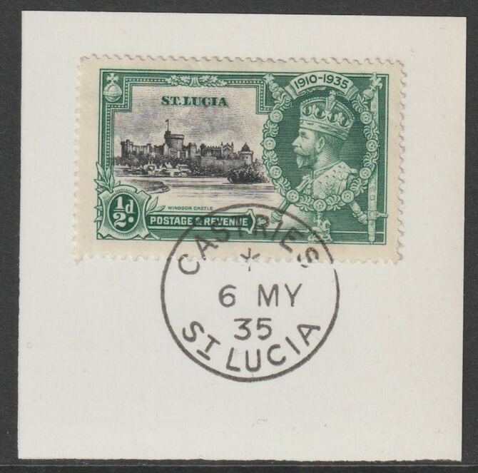 St Lucia 1935 KG5 Silver Jubilee 1/2d on piece with full strike of Madame Joseph forged postmark type 358, stamps on , stamps on  kg5 , stamps on silver jubilee, stamps on castles, stamps on forgery, stamps on forgeries