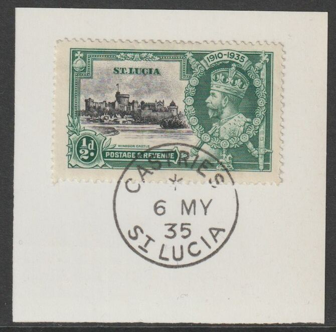 St Lucia 1935 KG5 Silver Jubilee 1/2d on piece with full strike of Madame Joseph forged postmark type 358, stamps on , stamps on  stamps on , stamps on  stamps on  kg5 , stamps on  stamps on silver jubilee, stamps on  stamps on castles, stamps on  stamps on forgery, stamps on  stamps on forgeries