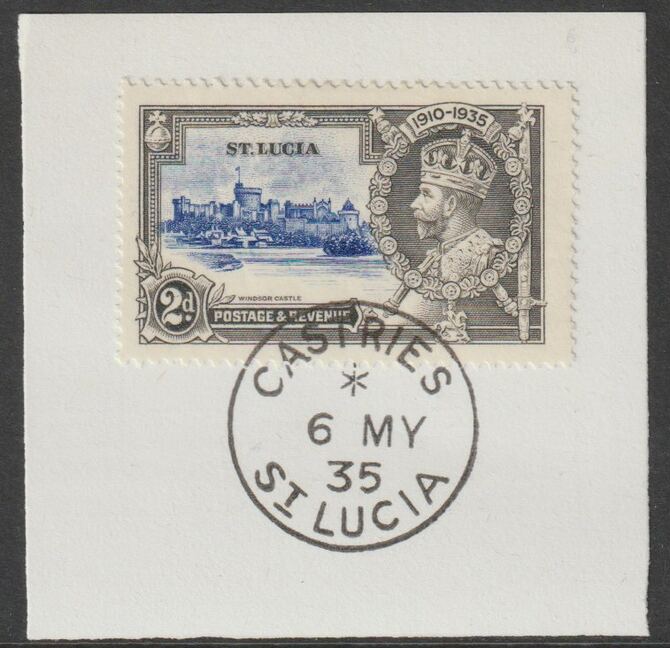 St Lucia 1935 KG5 Silver Jubilee 2d on piece with full strike of Madame Joseph forged postmark type 358, stamps on , stamps on  stamps on , stamps on  stamps on  kg5 , stamps on  stamps on silver jubilee, stamps on  stamps on castles, stamps on  stamps on forgery, stamps on  stamps on forgeries