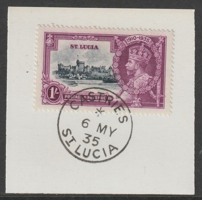 St Lucia 1935 KG5 Silver Jubilee 1s on piece with full strike of Madame Joseph forged postmark type 358, stamps on , stamps on  stamps on , stamps on  stamps on  kg5 , stamps on  stamps on silver jubilee, stamps on  stamps on castles, stamps on  stamps on forgery, stamps on  stamps on forgeries