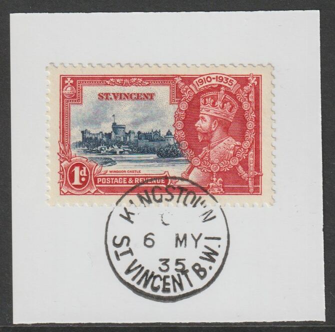 St Vincent 1935 KG5 Silver Jubilee 1d on piece with full strike of Madame Joseph forged postmark type 369, stamps on , stamps on  stamps on , stamps on  stamps on  kg5 , stamps on  stamps on silver jubilee, stamps on  stamps on castles, stamps on  stamps on forgery, stamps on  stamps on forgeries