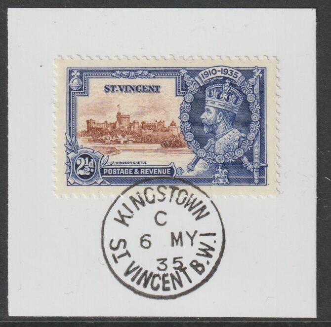 St Vincent 1935 KG5 Silver Jubilee 2.5d on piece with full strike of Madame Joseph forged postmark type 369, stamps on , stamps on  kg5 , stamps on silver jubilee, stamps on castles, stamps on forgery, stamps on forgeries