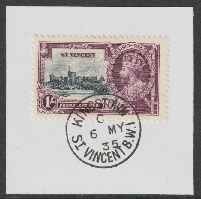 St Vincent 1935 KG5 Silver Jubilee 1s on piece with full strike of Madame Joseph forged postmark type 369, stamps on , stamps on  stamps on , stamps on  stamps on  kg5 , stamps on  stamps on silver jubilee, stamps on  stamps on castles, stamps on  stamps on forgery, stamps on  stamps on forgeries