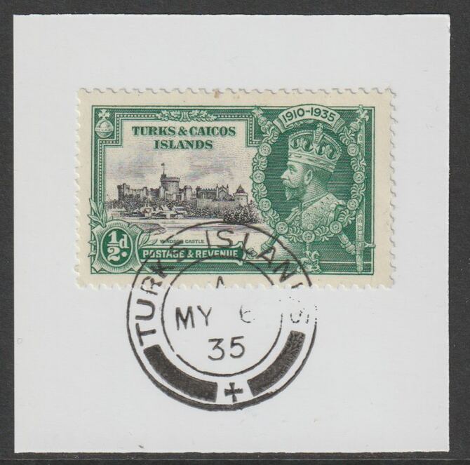 Turks & Caicos Islands 1935 KG5 Silver Jubilee 1/2d on piece with full strike of Madame Joseph forged postmark type 426, stamps on , stamps on  kg5 , stamps on silver jubilee, stamps on castles, stamps on forgery, stamps on forgeries