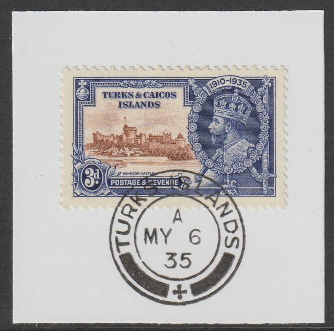 Turks & Caicos Islands 1935 KG5 Silver Jubilee 3d on piece with full strike of Madame Joseph forged postmark type 426, stamps on , stamps on  stamps on , stamps on  stamps on  kg5 , stamps on  stamps on silver jubilee, stamps on  stamps on castles, stamps on  stamps on forgery, stamps on  stamps on forgeries