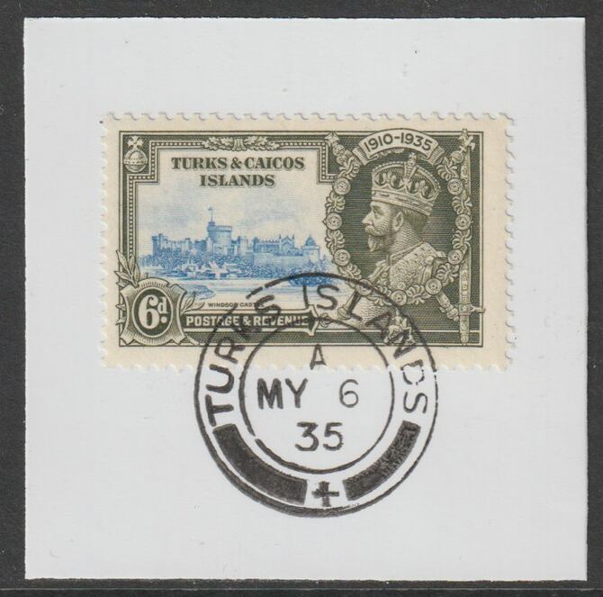 Turks & Caicos Islands 1935 KG5 Silver Jubilee 6d on piece with full strike of Madame Joseph forged postmark type 426, stamps on , stamps on  stamps on , stamps on  stamps on  kg5 , stamps on  stamps on silver jubilee, stamps on  stamps on castles, stamps on  stamps on forgery, stamps on  stamps on forgeries