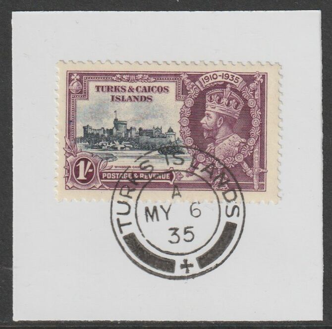 Turks & Caicos Islands 1935 KG5 Silver Jubilee 1s on piece with full strike of Madame Joseph forged postmark type 426, stamps on , stamps on  kg5 , stamps on silver jubilee, stamps on castles, stamps on forgery, stamps on forgeries