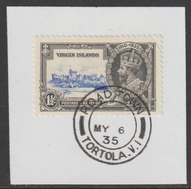 British Virgin Islands 1935 KG5 Silver Jubilee 1.5d on piece with full strike of Madame Joseph forged postmark type 430, stamps on , stamps on  kg5 , stamps on silver jubilee, stamps on castles, stamps on forgery, stamps on forgeries