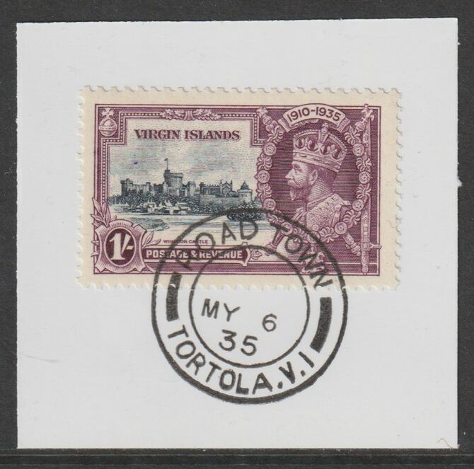 British Virgin Islands 1935 KG5 Silver Jubilee 1s on piece with full strike of Madame Joseph forged postmark type 430, stamps on , stamps on  stamps on , stamps on  stamps on  kg5 , stamps on  stamps on silver jubilee, stamps on  stamps on castles, stamps on  stamps on forgery, stamps on  stamps on forgeries