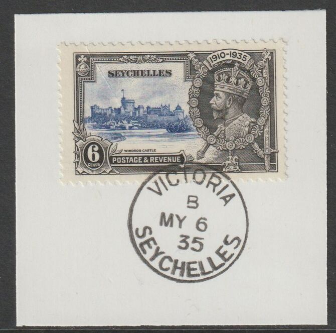 Seychelles 1935 KG5 Silver Jubilee 6c on piece with full strike of Madame Joseph forged postmark type 383, stamps on , stamps on  kg5 , stamps on silver jubilee, stamps on castles, stamps on forgery, stamps on forgeries