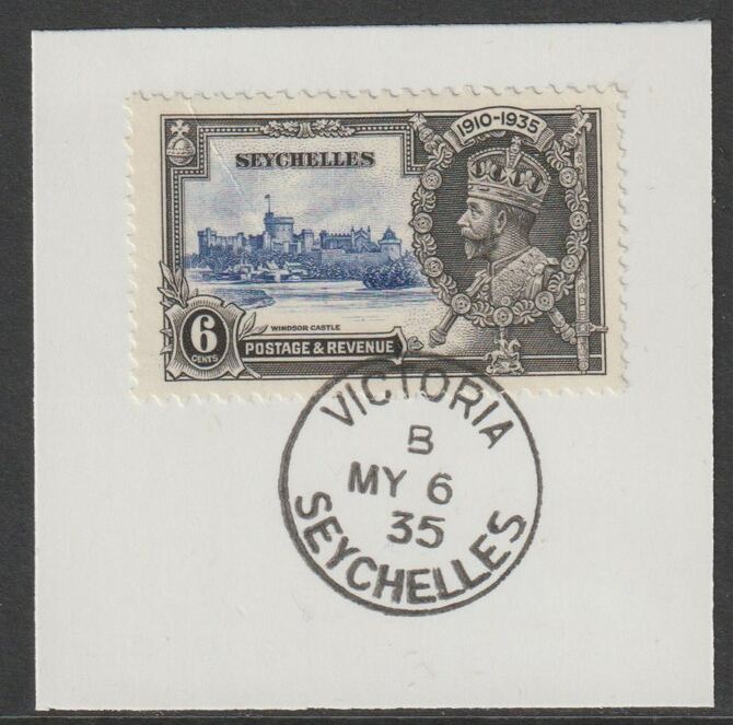 Seychelles 1935 KG5 Silver Jubilee 6c on piece with full strike of Madame Joseph forged postmark type 383, stamps on , stamps on  stamps on , stamps on  stamps on  kg5 , stamps on  stamps on silver jubilee, stamps on  stamps on castles, stamps on  stamps on forgery, stamps on  stamps on forgeries