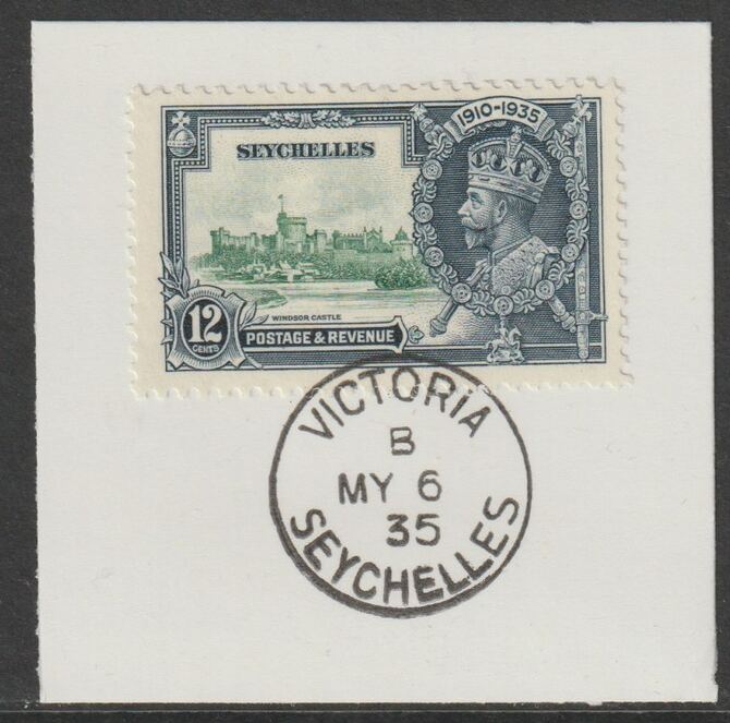 Seychelles 1935 KG5 Silver Jubilee 12c on piece with full strike of Madame Joseph forged postmark type 383, stamps on , stamps on  stamps on , stamps on  stamps on  kg5 , stamps on  stamps on silver jubilee, stamps on  stamps on castles, stamps on  stamps on forgery, stamps on  stamps on forgeries