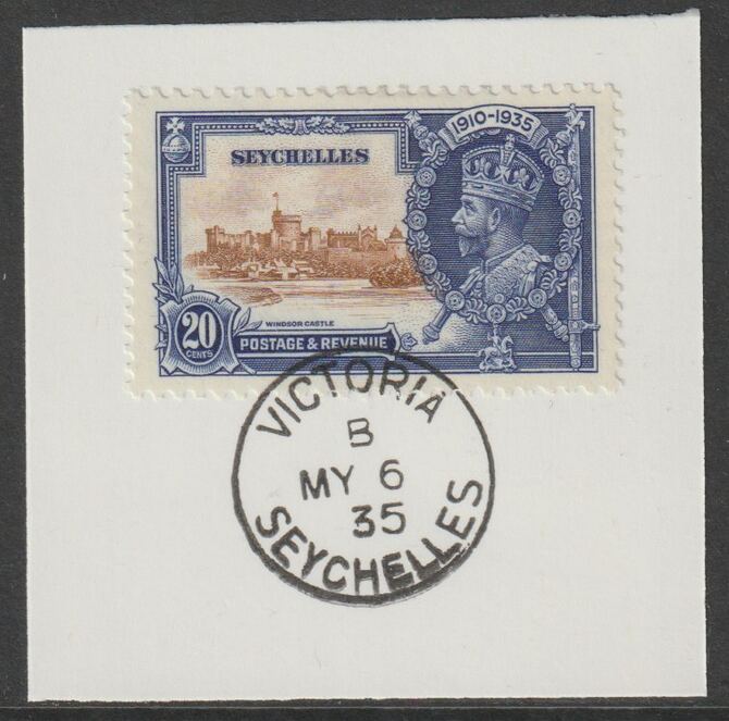 Seychelles 1935 KG5 Silver Jubilee 20c on piece with full strike of Madame Joseph forged postmark type 383, stamps on , stamps on  kg5 , stamps on silver jubilee, stamps on castles, stamps on forgery, stamps on forgeries