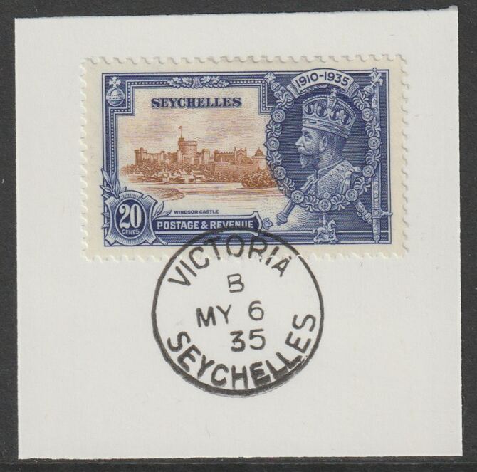 Seychelles 1935 KG5 Silver Jubilee 20c on piece with full strike of Madame Joseph forged postmark type 383, stamps on , stamps on  stamps on , stamps on  stamps on  kg5 , stamps on  stamps on silver jubilee, stamps on  stamps on castles, stamps on  stamps on forgery, stamps on  stamps on forgeries