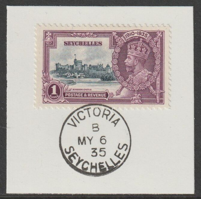 Seychelles 1935 KG5 Silver Jubilee 1r on piece with full strike of Madame Joseph forged postmark type 383, stamps on , stamps on  kg5 , stamps on silver jubilee, stamps on castles, stamps on forgery, stamps on forgeries
