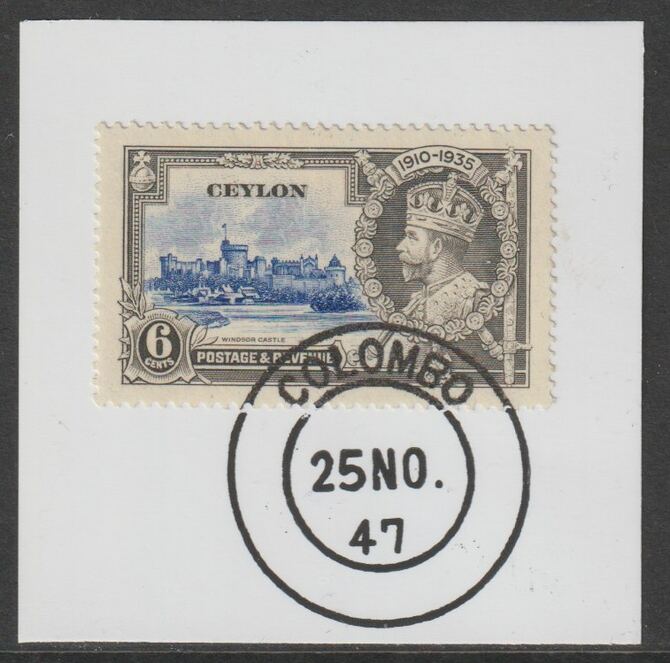 Ceylon 1935 KG5 Silver Jubilee 6c on piece with full strike of Madame Joseph forged postmark type 122 (1947 cancel), stamps on , stamps on  stamps on , stamps on  stamps on  kg5 , stamps on  stamps on silver jubilee, stamps on  stamps on castles, stamps on  stamps on forgery, stamps on  stamps on forgeries