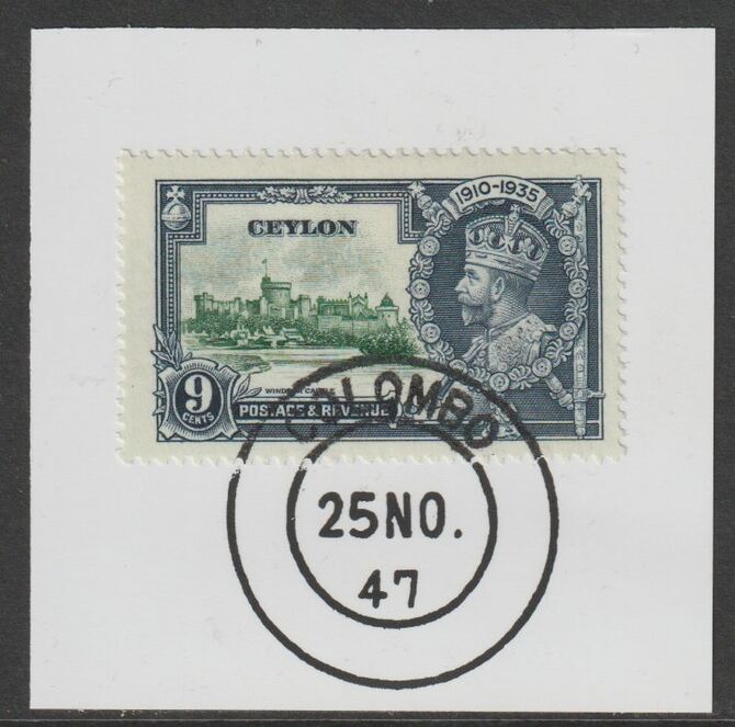 Ceylon 1935 KG5 Silver Jubilee 9c on piece with full strike of Madame Joseph forged postmark type 122 (1947 cancel), stamps on , stamps on  stamps on , stamps on  stamps on  kg5 , stamps on  stamps on silver jubilee, stamps on  stamps on castles, stamps on  stamps on forgery, stamps on  stamps on forgeries