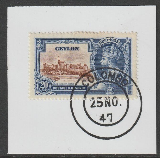 Ceylon 1935 KG5 Silver Jubilee 20c on piece with full strike of Madame Joseph forged postmark type 122 (1947 cancel), stamps on , stamps on  kg5 , stamps on silver jubilee, stamps on castles, stamps on forgery, stamps on forgeries