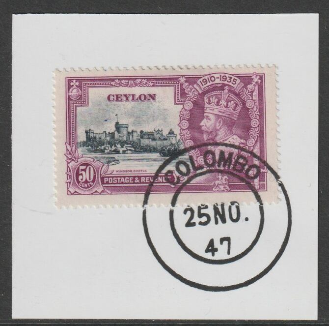 Ceylon 1935 KG5 Silver Jubilee 50c on piece with full strike of Madame Joseph forged postmark type 122 (1947 cancel), stamps on , stamps on  kg5 , stamps on silver jubilee, stamps on castles, stamps on forgery, stamps on forgeries