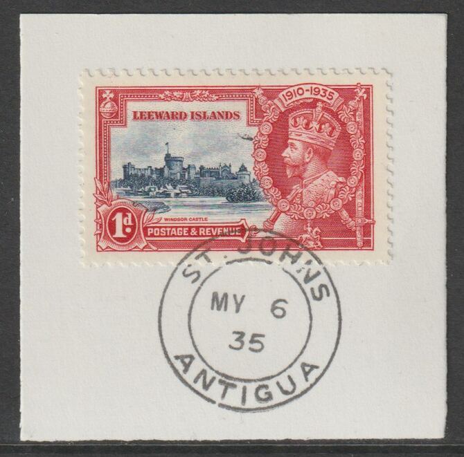 Leeward Islands 1935 KG5 Silver Jubilee 1d on piece with full strike of Madame Joseph forged postmark type 16 (Antigua dated 6 May 1935), stamps on , stamps on  stamps on , stamps on  stamps on  kg5 , stamps on  stamps on silver jubilee, stamps on  stamps on castles, stamps on  stamps on forgery, stamps on  stamps on forgeries