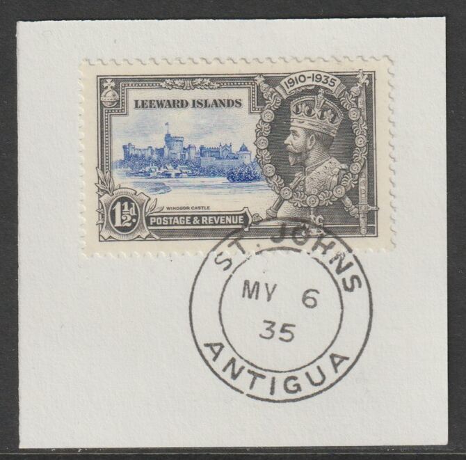 Leeward Islands 1935 KG5 Silver Jubilee 1.5d on piece with full strike of Madame Joseph forged postmark type 16 (Antigua dated 6 May 1935), stamps on , stamps on  stamps on , stamps on  stamps on  kg5 , stamps on  stamps on silver jubilee, stamps on  stamps on castles, stamps on  stamps on forgery, stamps on  stamps on forgeries