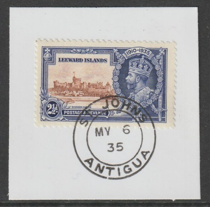 Leeward Islands 1935 KG5 Silver Jubilee 2.5d on piece with full strike of Madame Joseph forged postmark type 16 (Antigua dated 6 May 1935), stamps on , stamps on  stamps on , stamps on  stamps on  kg5 , stamps on  stamps on silver jubilee, stamps on  stamps on castles, stamps on  stamps on forgery, stamps on  stamps on forgeries