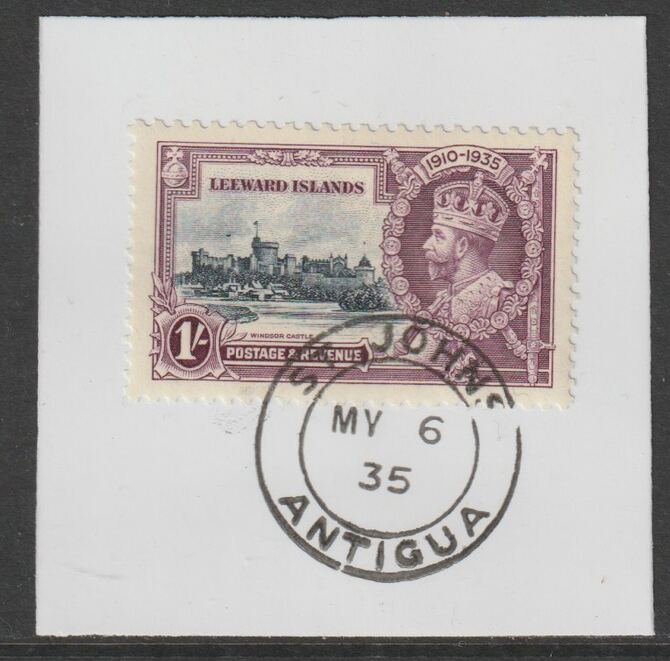 Leeward Islands 1935 KG5 Silver Jubilee 1s on piece with full strike of Madame Joseph forged postmark type 16 (Antigua dated 6 May 1935), stamps on , stamps on  kg5 , stamps on silver jubilee, stamps on castles, stamps on forgery, stamps on forgeries