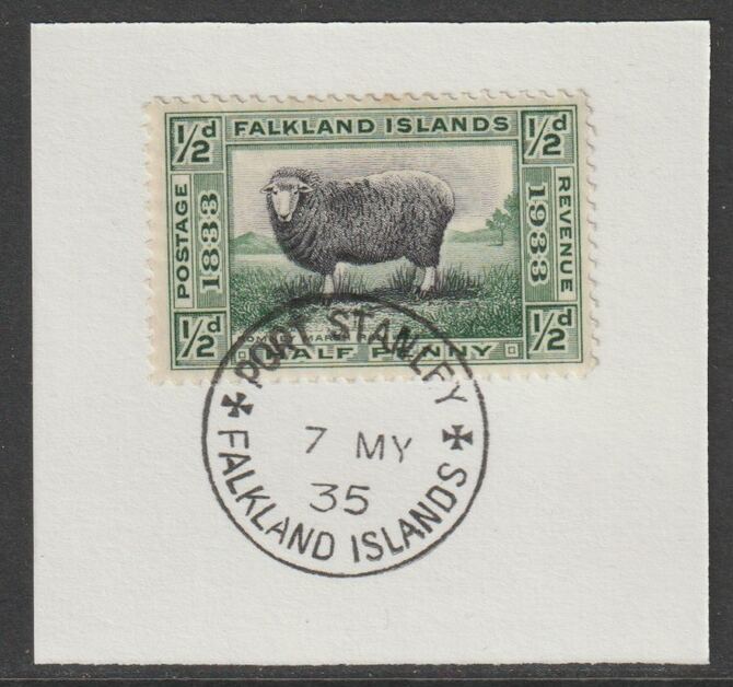 Falkland Islands 1933 Centenary 1/2d on piece with full strike of Madame Joseph forged postmark type 155 , stamps on , stamps on  kg5 , stamps on cattle , stamps on forgery