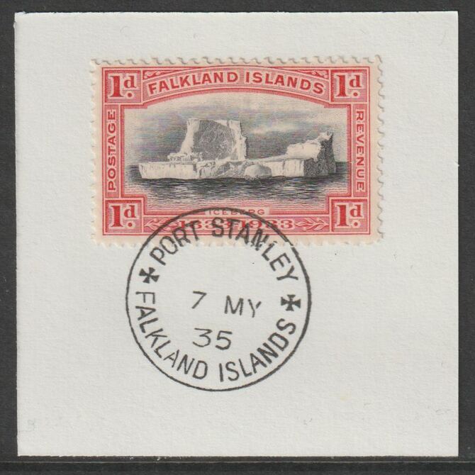 Falkland Islands 1933 Centenary 1d on piece with full strike of Madame Joseph forged postmark type 155 , stamps on , stamps on  kg5 , stamps on iceberg, stamps on polar , stamps on forgery