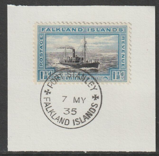 Falkland Islands 1933 Centenary 1.5d on piece with full strike of Madame Joseph forged postmark type 155 , stamps on , stamps on  kg5 , stamps on ships, stamps on whales, stamps on polar , stamps on forgery