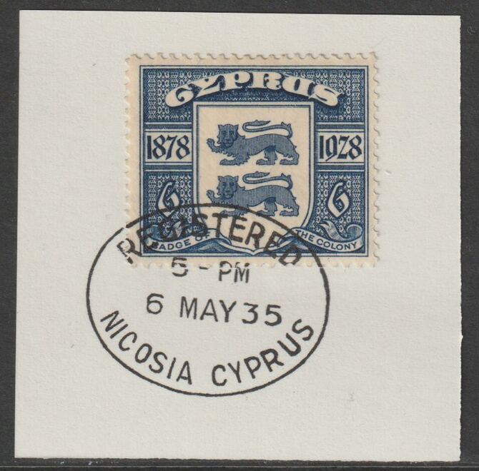 Cyprus 1928 KG5 50th Anniversary 6 pi blue,on piece with full strike of Madame Joseph forged postmark type 132, stamps on , stamps on  kg5 , stamps on arms, stamps on heraldry