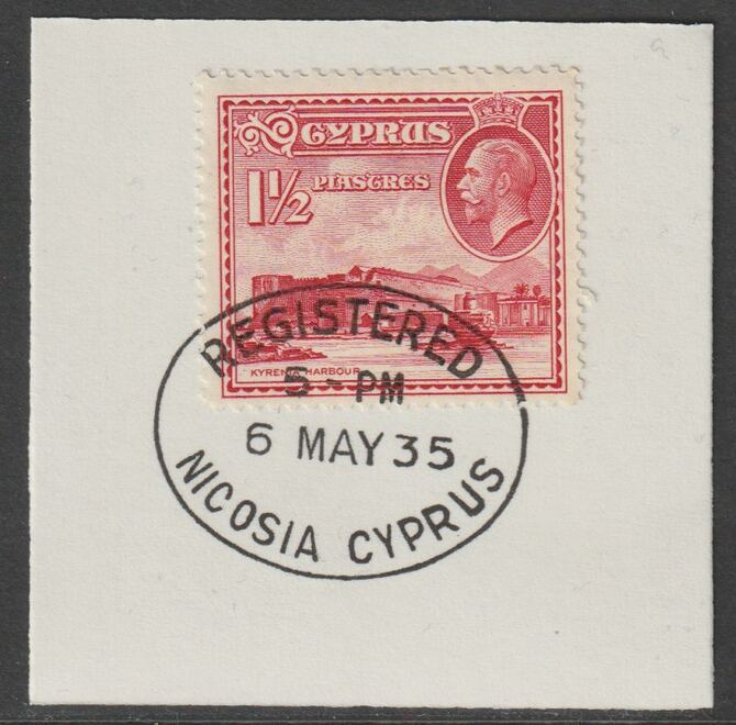 Cyprus 1934 KG5 Kyrenia Harbour 1.5pi carmine SG137 on piece with full strike of Madame Joseph forged postmark type 132, stamps on , stamps on  kg5 , stamps on harbours