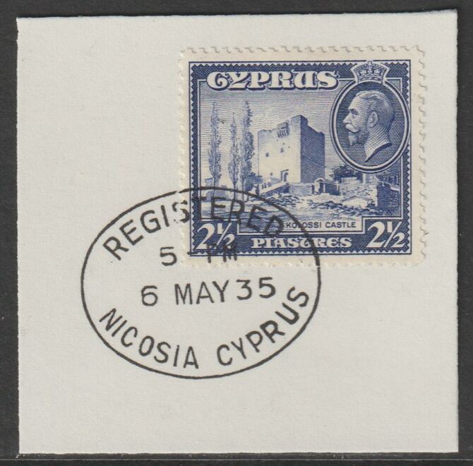 Cyprus 1934 KG5 Kolossi Castle 2.5pi ultramarine SG137 on piece with full strike of Madame Joseph forged postmark type 132, stamps on , stamps on  kg5 , stamps on castles