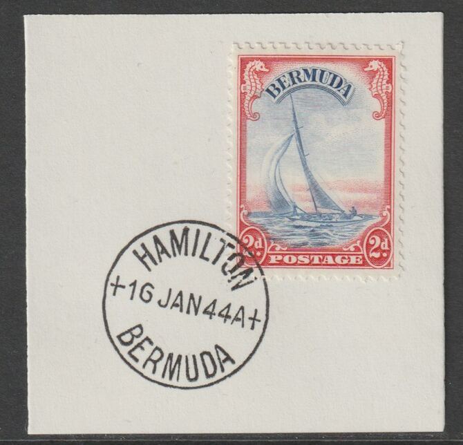 Bermuda 1938 KG6 2d ultramarine & scarlet on piece cancelled with full strike of Madame Joseph forged postmark type 64, stamps on , stamps on  kg6 , stamps on forgeries