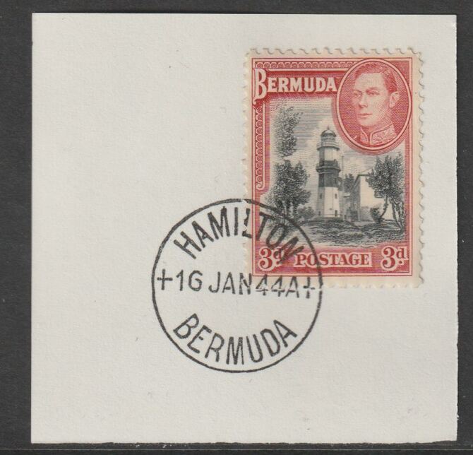 Bermuda 1938 KG6 3d black & rose-red on piece cancelled with full strike of Madame Joseph forged postmark type 64, stamps on , stamps on  stamps on , stamps on  stamps on  kg6 , stamps on  stamps on forgeries, stamps on  stamps on lighthouses