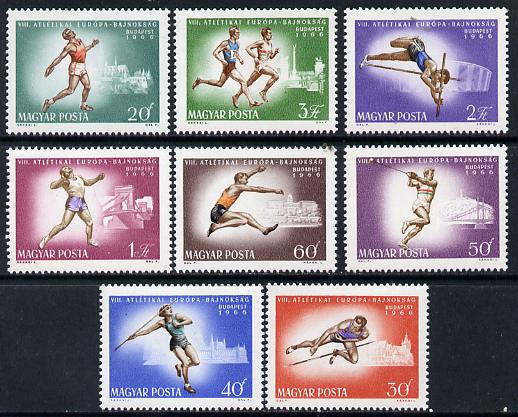 Hungary 1966 European Athletics perf set of 8 unmounted mint SG 2212-19, stamps on , stamps on  stamps on sport, stamps on  stamps on athletics, stamps on  stamps on jumping, stamps on  stamps on javelin, stamps on  stamps on hammer, stamps on  stamps on shot, stamps on  stamps on pole vault, stamps on  stamps on running