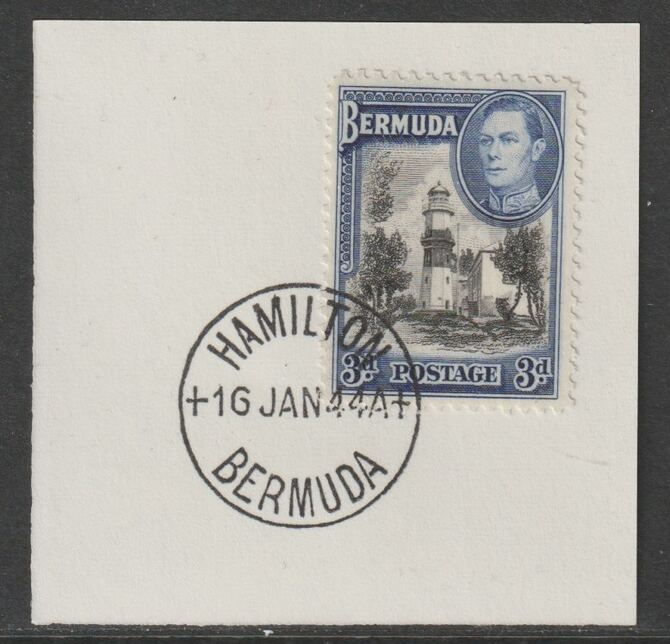 Bermuda 1938 KG6 3d black & deep blue on piece cancelled with full strike of Madame Joseph forged postmark type 64, stamps on , stamps on  kg6 , stamps on forgeries, stamps on lighthouses