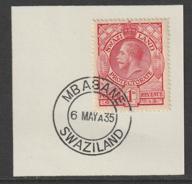 Swaziland 1933 KG5 Definitive 1d on piece with full strike of Madame Joseph forged postmark type 407 , stamps on , stamps on  kg5 , stamps on forgery, stamps on forgeries