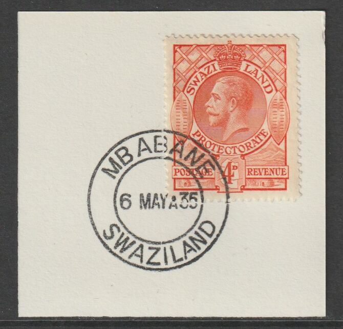 Swaziland 1933 KG5 Definitive 4d on piece with full strike of Madame Joseph forged postmark type 407 , stamps on , stamps on  kg5 , stamps on forgery, stamps on forgeries
