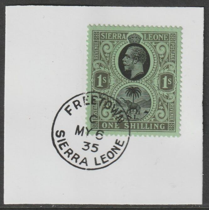 Sierra Leone 1912-27 KG5 1s black on green on piece with full strike of Madame Joseph forged postmark type 393, stamps on , stamps on  kg5 , stamps on forgery