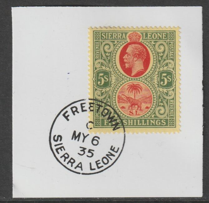 Sierra Leone 1912-27 KG5 5s red & green on yellow on piece with full strike of Madame Joseph forged postmark type 393, stamps on , stamps on  kg5 , stamps on forgery
