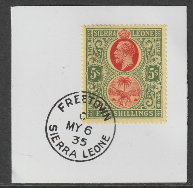 Sierra Leone 1912-27 KG5 5s red & green on yellow on piece with full strike of Madame Joseph forged postmark type 393, stamps on , stamps on  kg5 , stamps on forgery