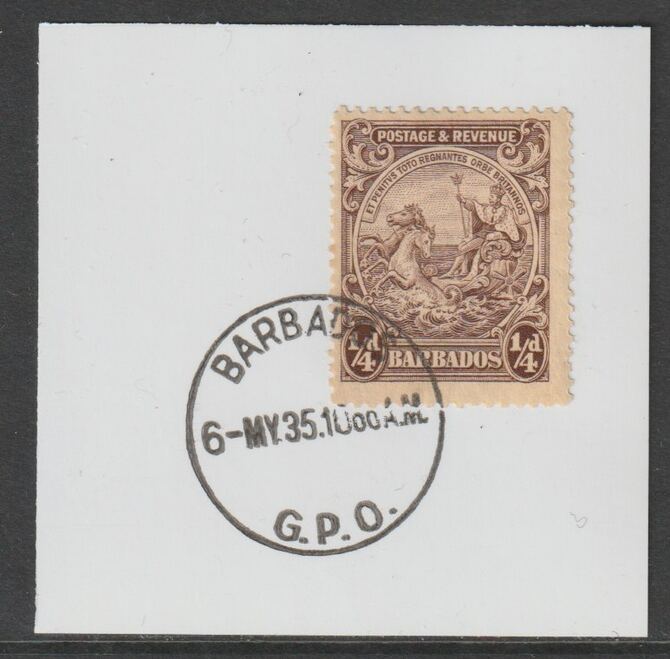 Barbados 1925 KG5 Britannia 1/4d brown on piece with full strike of Madame Joseph forged postmark type 46, stamps on , stamps on  kg5 , stamps on forgery, stamps on madame joseph