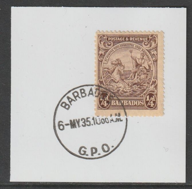 Barbados 1925 KG5 Britannia 1/4d brown on piece with full strike of Madame Joseph forged postmark type 46, stamps on , stamps on  stamps on , stamps on  stamps on  kg5 , stamps on  stamps on forgery, stamps on  stamps on madame joseph