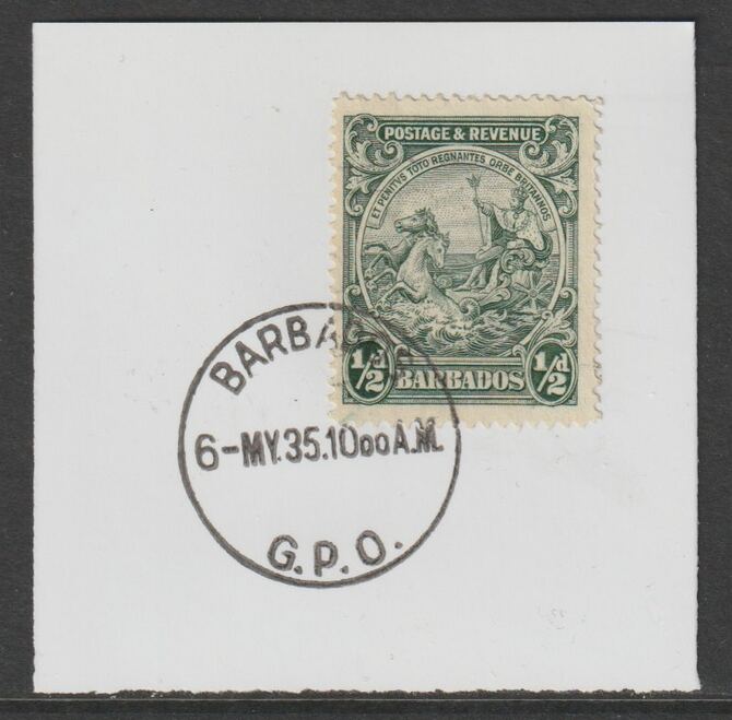 Barbados 1925 KG5 Britannia 1/2d green on piece with full strike of Madame Joseph forged postmark type 46, stamps on , stamps on  stamps on , stamps on  stamps on  kg5 , stamps on  stamps on forgery, stamps on  stamps on madame joseph