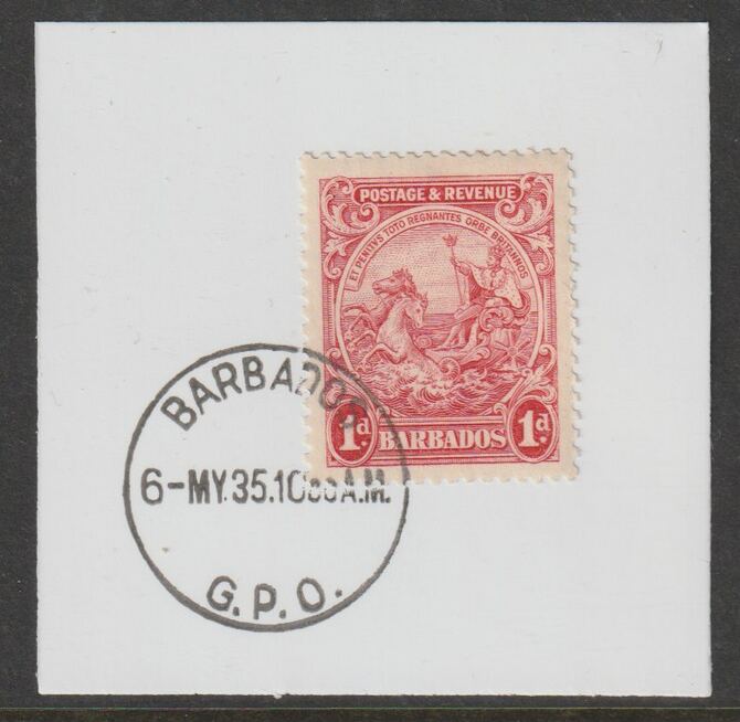 Barbados 1925 KG5 Britannia 1d scarlet on piece with full strike of Madame Joseph forged postmark type 46, stamps on , stamps on  stamps on , stamps on  stamps on  kg5 , stamps on  stamps on forgery, stamps on  stamps on madame joseph