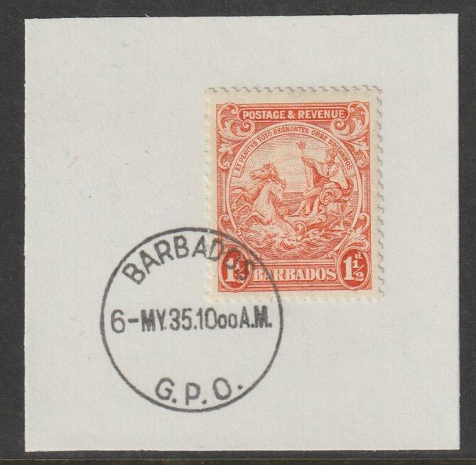 Barbados 1925 KG5 Britannia 1.5d orange on piece with full strike of Madame Joseph forged postmark type 46, stamps on , stamps on  stamps on , stamps on  stamps on  kg5 , stamps on  stamps on forgery, stamps on  stamps on madame joseph