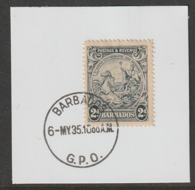 Barbados 1925 KG5 Britannia 2d grey on piece with full strike of Madame Joseph forged postmark type 46, stamps on , stamps on  kg5 , stamps on forgery, stamps on madame joseph