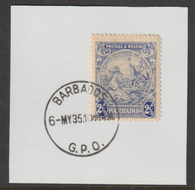 Barbados 1925 KG5 Britannia 2.5d blue on piece with full strike of Madame Joseph forged postmark type 46, stamps on , stamps on  kg5 , stamps on forgery, stamps on madame joseph